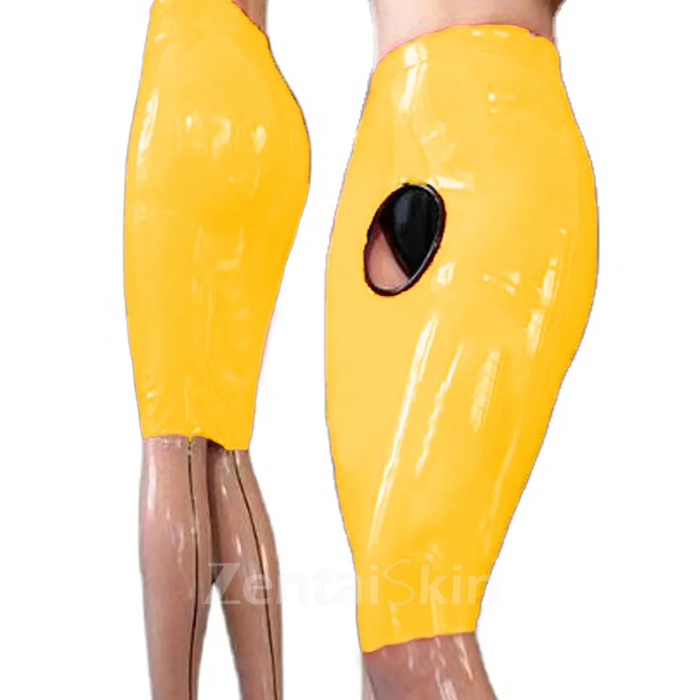 Second Skin Women Wet Look Shiny Wetlook PVC Skirts Slim Skirt Front Hole Back Zipper Midi Skirts