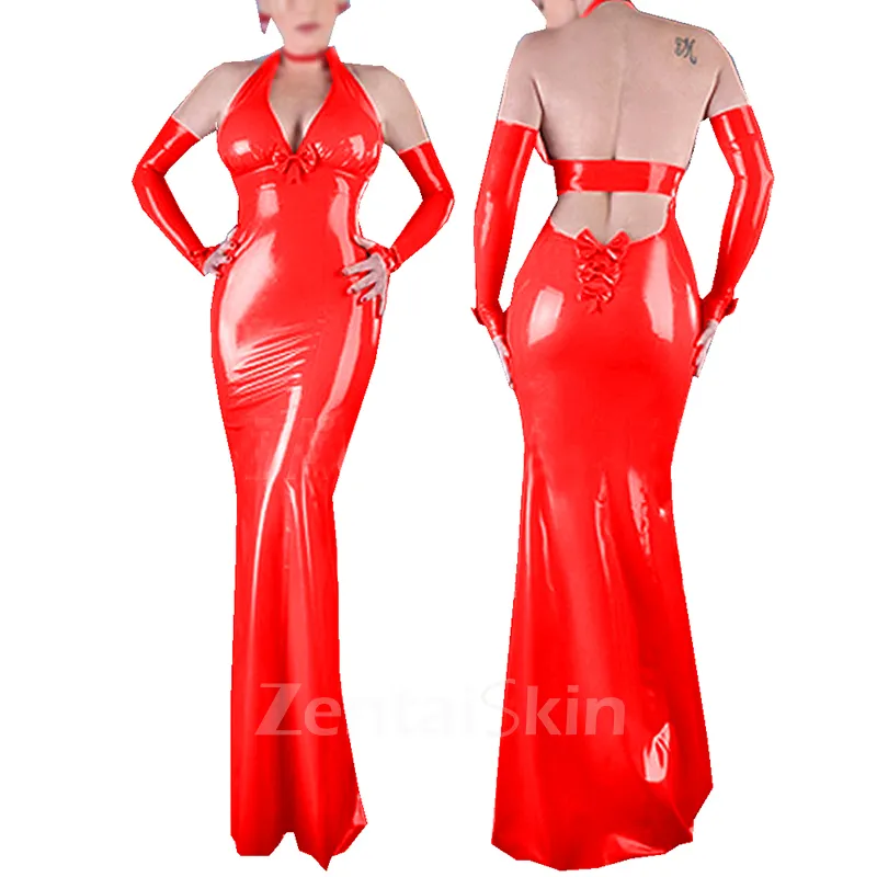 Second Skin Sleeveless Halter Backless Maxi Dress with Gloves Vintage Bowknot Long Dresses