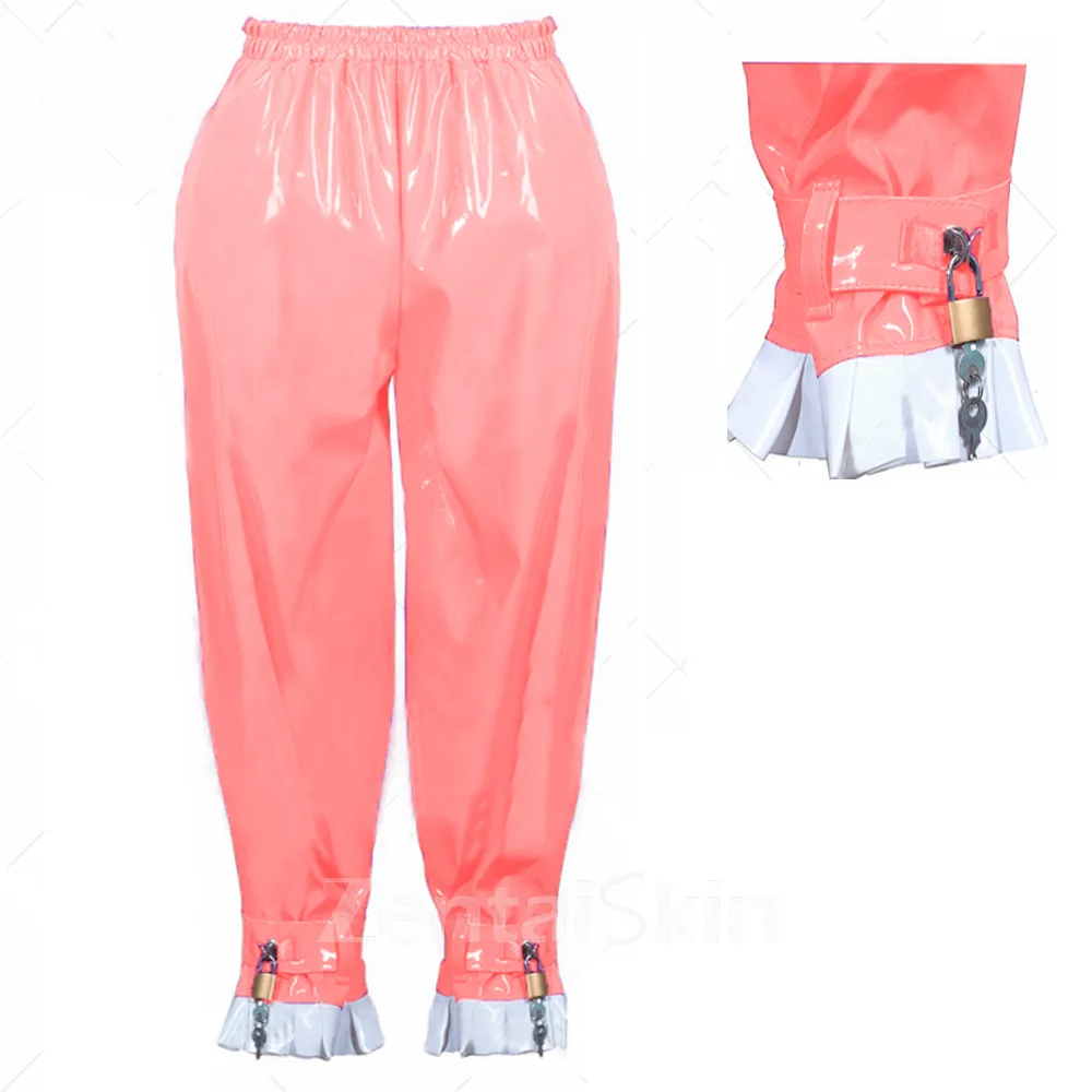 Second Skin Wetlook PVC Women Joggers Sweatpants Lockable Casual Solid Color Pants
