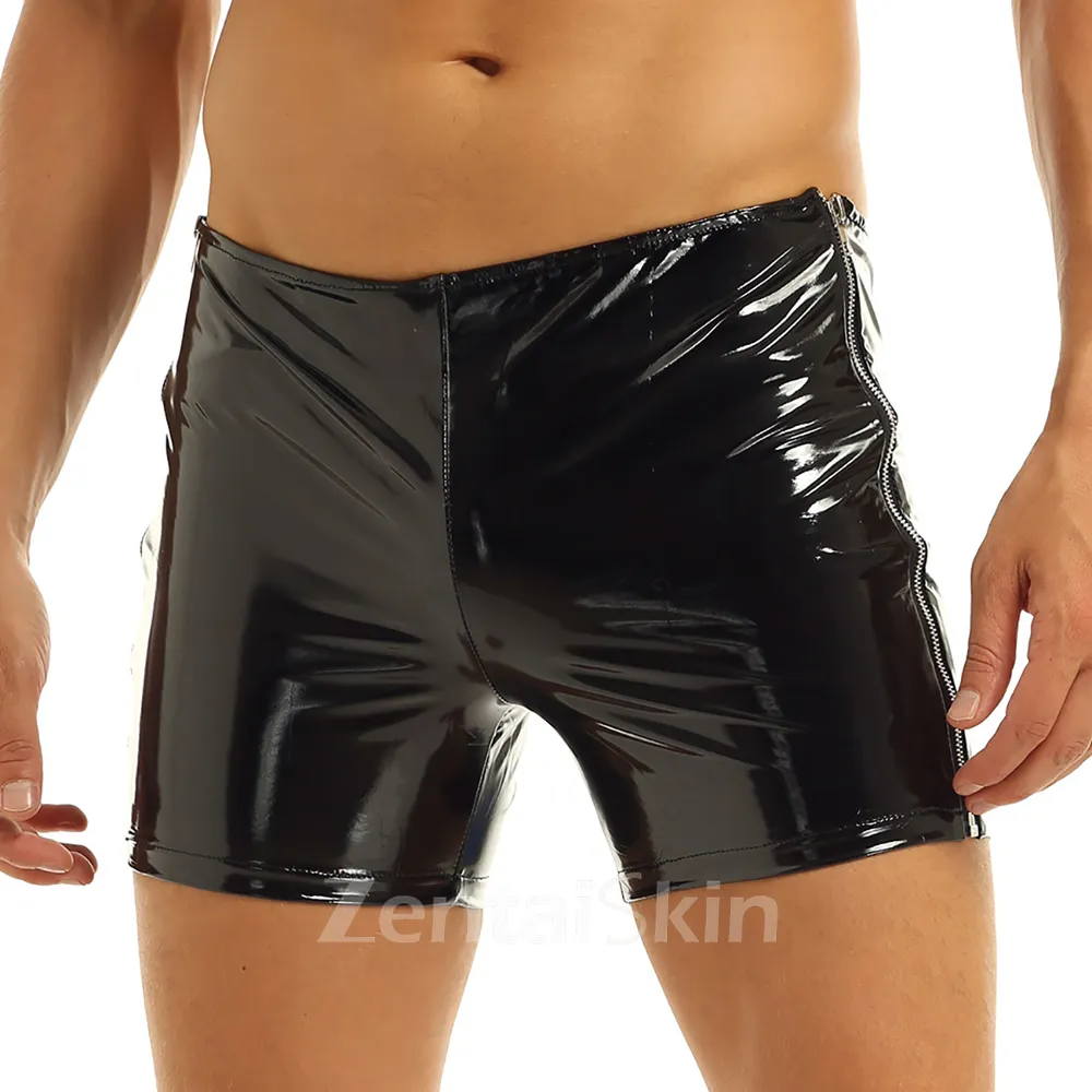 Second Skin Men Wet Look Shiny Metallic Glossy Boxer Short Low Rise Elastic Slim Fit Side Zipper Short