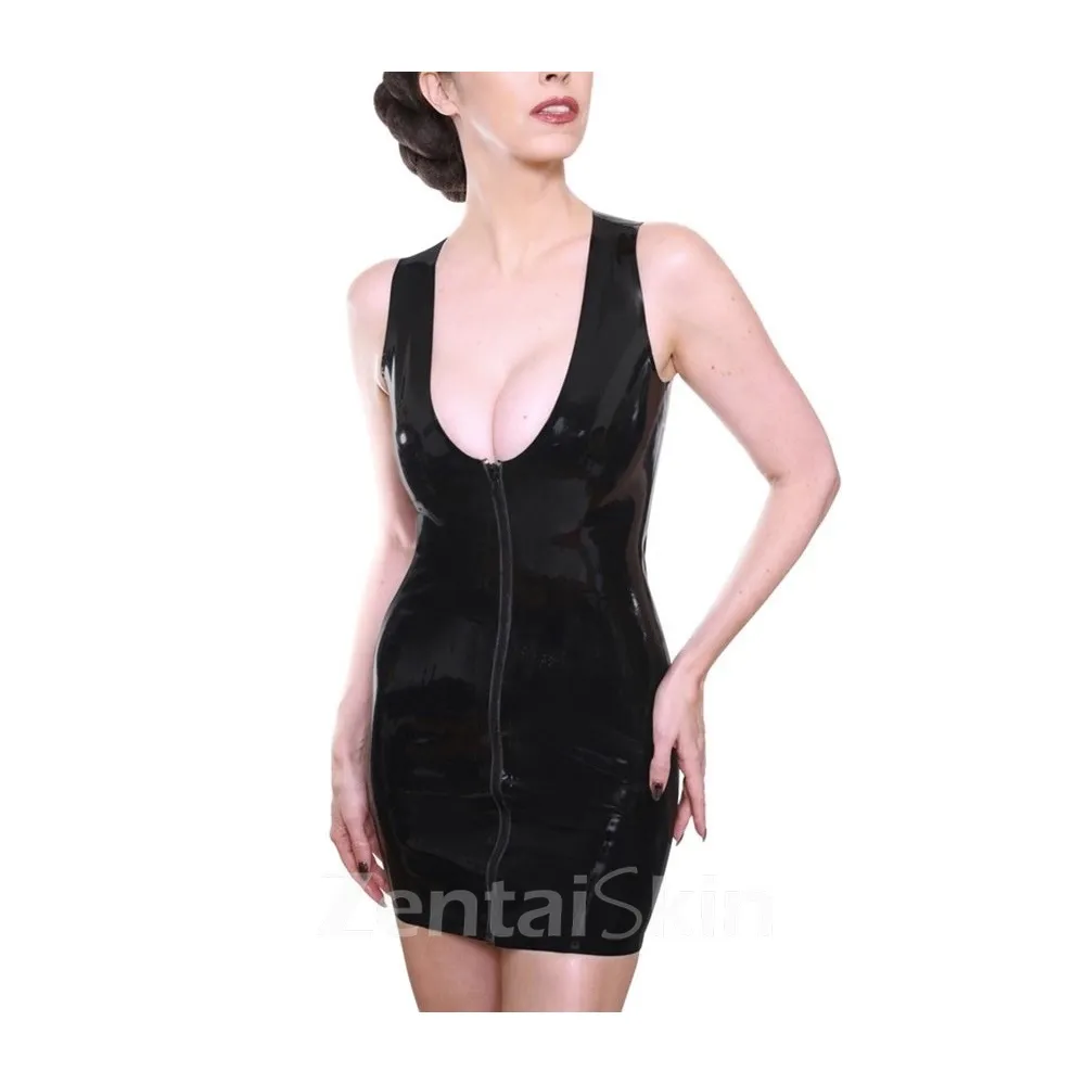 Womens Mini Dress Full Zipper Deep V Neck Pencil Dress Wet Look Shiny Wetlook PVC Sleeveless Mini Clubwear Fetish Second Skin Dress Cloth