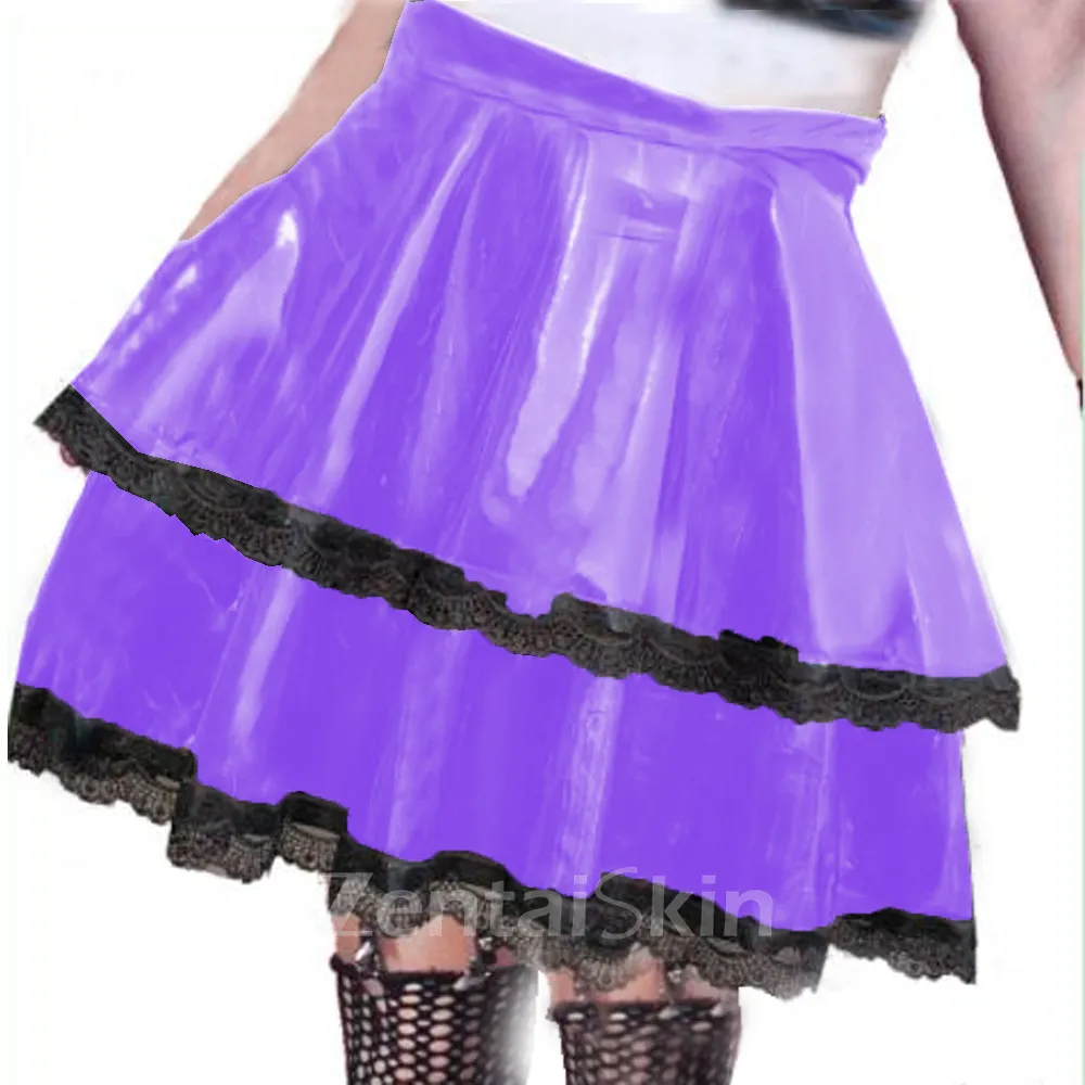 Second Skin Wet Look Shiny Wetlook PVC Leather Women Black Ruffle Edge Cake Skirts Double Layer Skater Skirt High Waist Stretch Mini Skirt Nightclub Summer