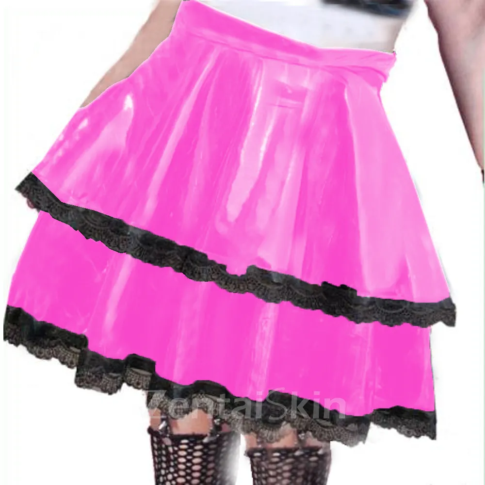Second Skin Wet Look Shiny Wetlook PVC Leather Women Black Ruffle Edge Cake Skirts Double Layer Skater Skirt High Waist Stretch Mini Skirt Nightclub Summer