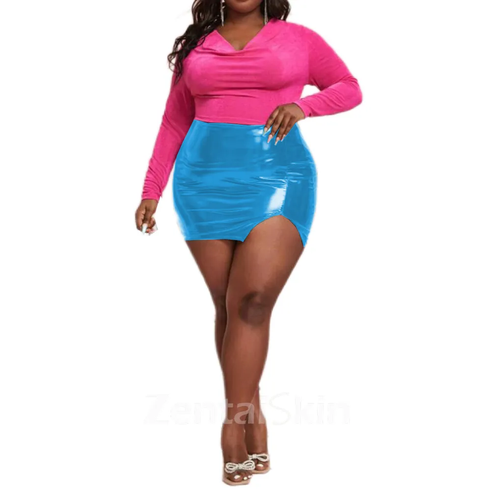 Women Wet Look Shiny Wetlook PVC Leather Casual Short Skirt Summer Side Slitskinny Skirt High Waist Slim Skirts Nightclub Party Clubwear