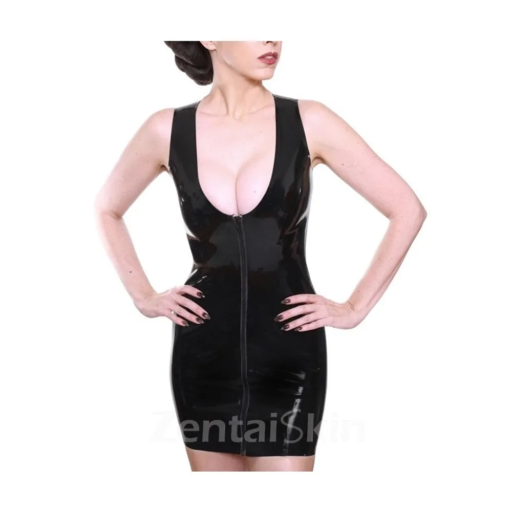 Womens Mini Dress Full Zipper Deep V Neck Pencil Dress Wet Look Shiny Wetlook PVC Sleeveless Mini Clubwear Fetish Second Skin Dress Cloth