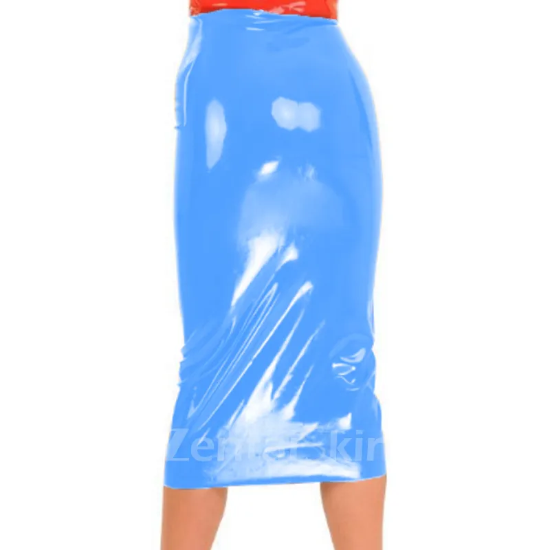 Second Skin Women Clothing Wet Look Midi Skirt High Waist Zipper Back Slim Fit Pencil Skirts Bodycon Skirt