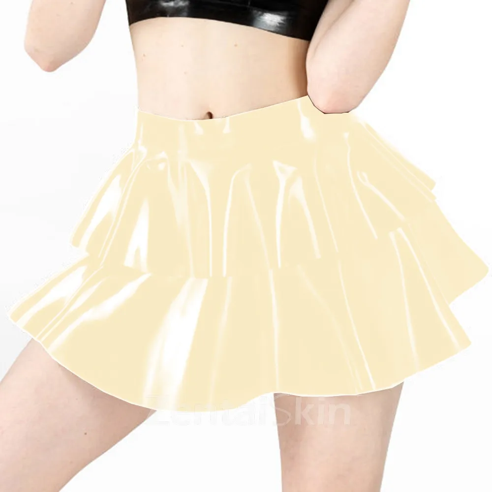Second Skin Womens Wet Look Shiny Wetlook PVC Double Layered Ruffled Mini Skirt Pole Dancing Pleated Skirts Night Club Costumes