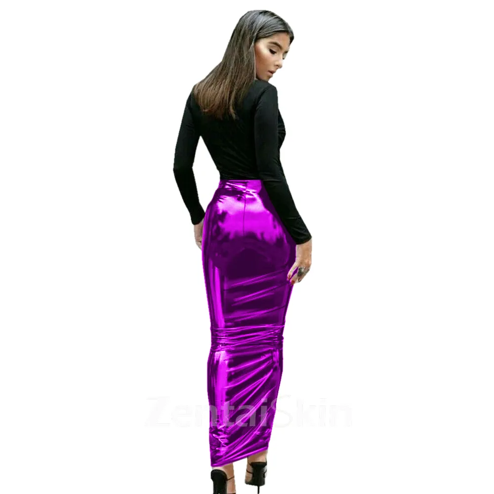 Second Skin Womens Wetlook PVC Wet Look High Waist Maxi Pencil Skirt Vinyl Sissy Bodycon Hobble Skirts Gothic Nightclub Club Pole Dance Skirt