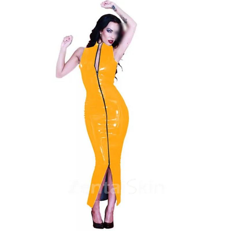 Second Skin Wetlook PVC Maxi Bodycon Dress Full Zipper Sleeveless Dress Sheath Glossy Dress Femme Summer Dress Solid Long Split Dress