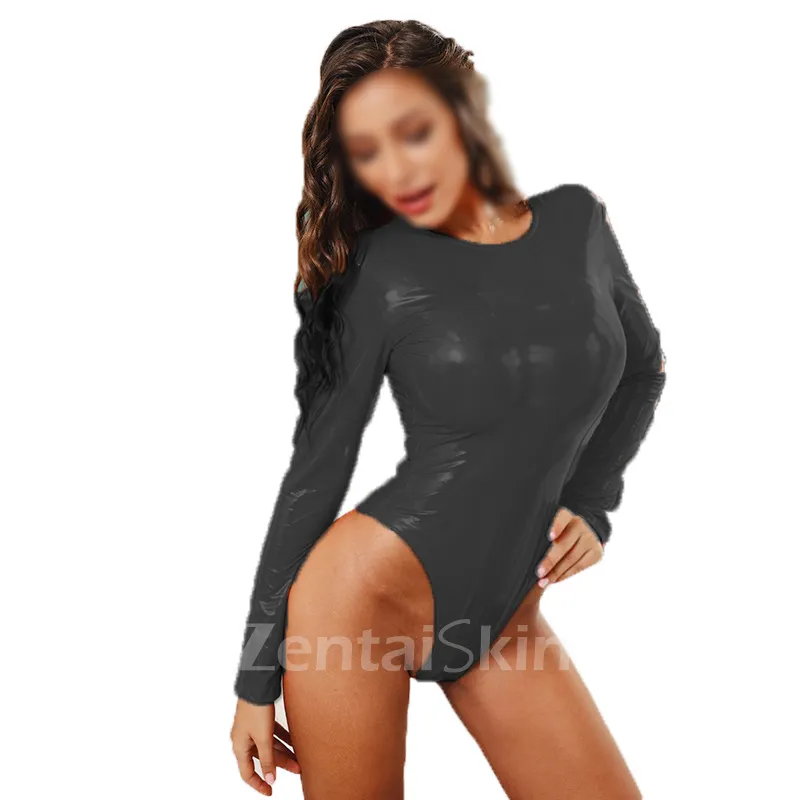 Second Skin Wetlook Leotard PVC Bodysuit Long Sleeve High Cut O-neck Bodycon Slim Jumpsuit Women Streetwear Body Bodysuit 6xl