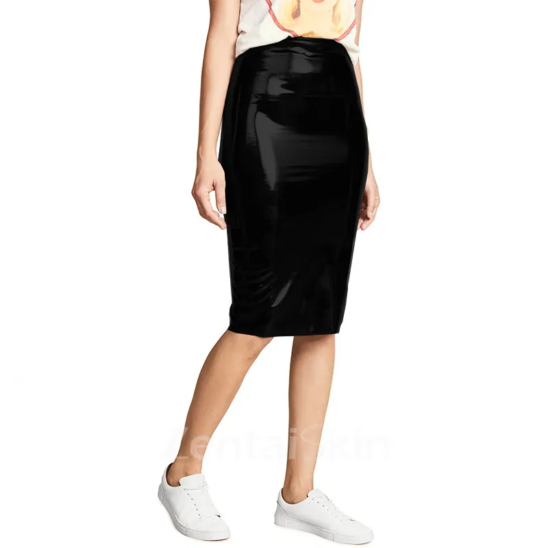 Second Skin Summer Black Pencil Midi Skirts Wetlook PVC High Waist Split OL Sheath Wrap Skirts Female Office Lady