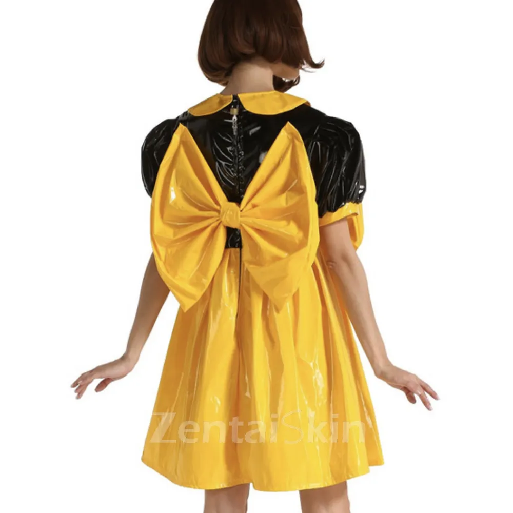 Second Skin Wetlook PVC Big Bow Puff Sleeve Dress Adult Fetish Cross-dresser Dress Lolita Dress Gothic Party Halloween Costume