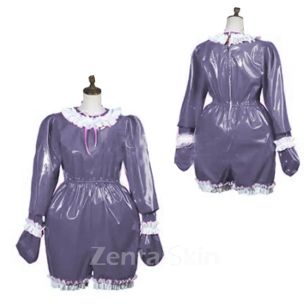 Second Skin Fetish Cross-dresser Bodysuit Adult Baby Wetlook Leotard PVC Long Sleeve Ruffle Jumpsuit O Neck Gay Back Zipper Pleated Pajamas Cosplay Uniform Maid Jumpsuit