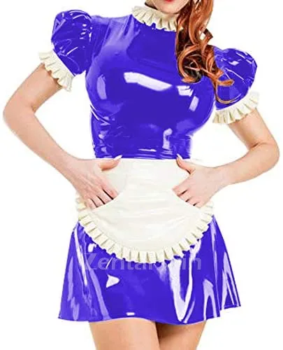 Second Skin Puff Short Sleeve Maid Uniform Lady Wetlook PVC Maid Mini Dress