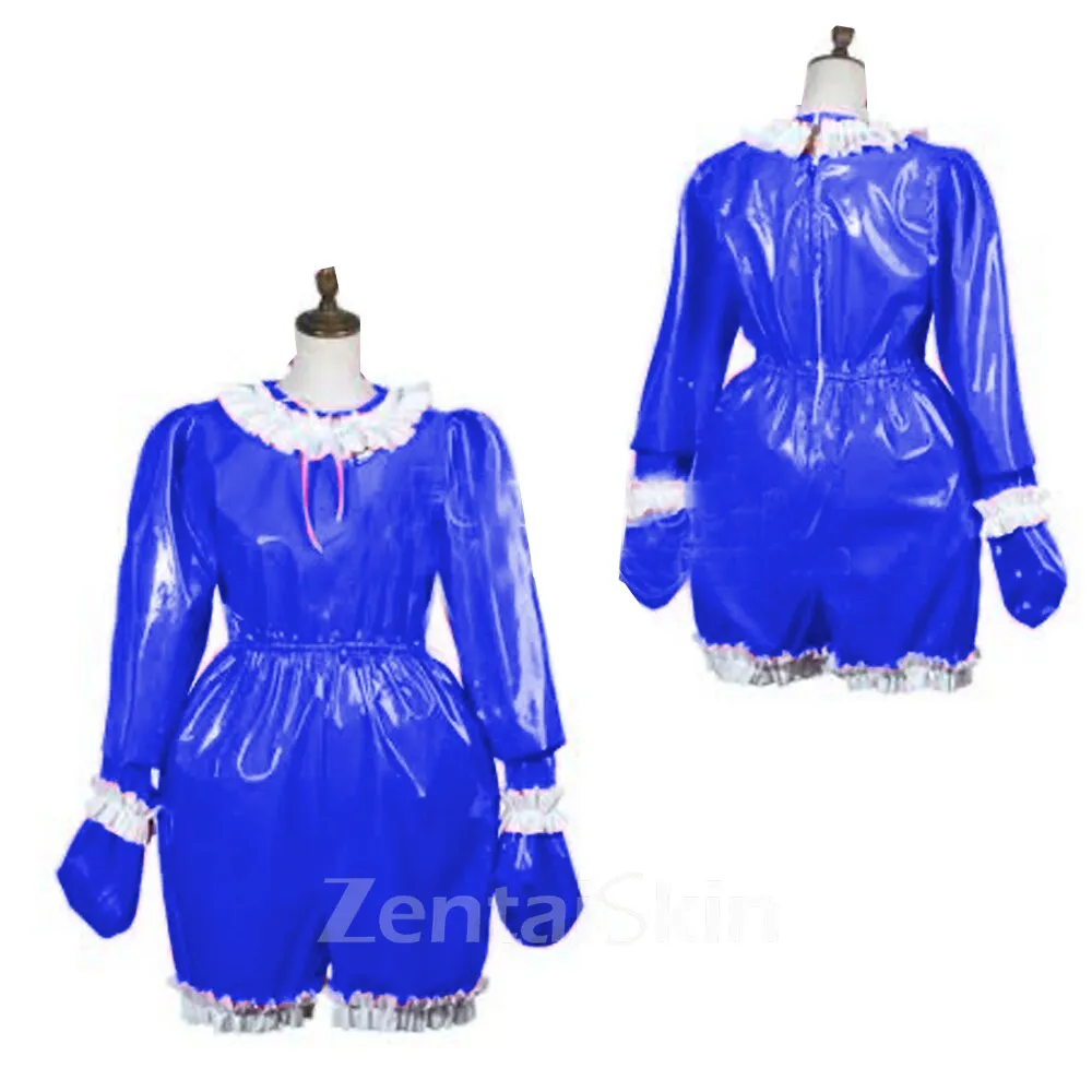 Second Skin Fetish Cross-dresser Bodysuit Adult Baby Wetlook Leotard PVC Long Sleeve Ruffle Jumpsuit O Neck Gay Back Zipper Pleated Pajamas Cosplay Uniform Maid Jumpsuit