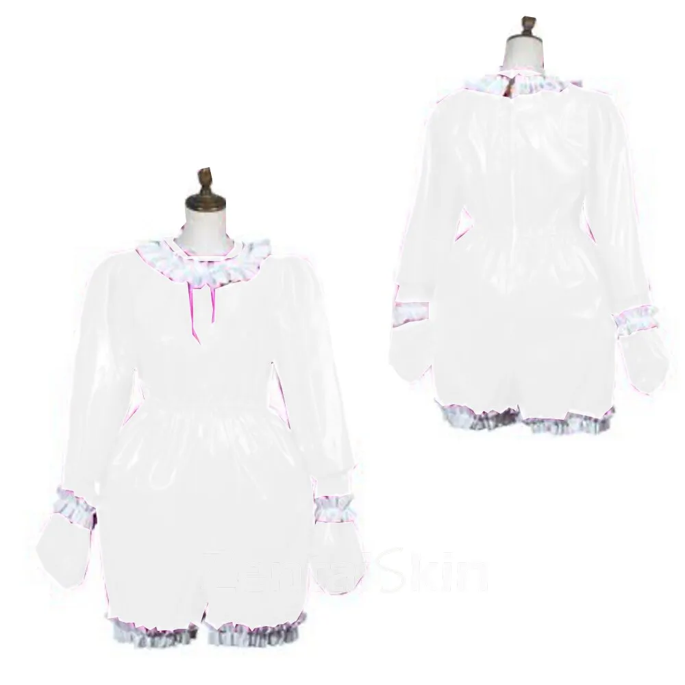 Second Skin Fetish Cross-dresser Bodysuit Adult Baby Wetlook Leotard PVC Long Sleeve Ruffle Jumpsuit O Neck Gay Back Zipper Pleated Pajamas Cosplay Uniform Maid Jumpsuit