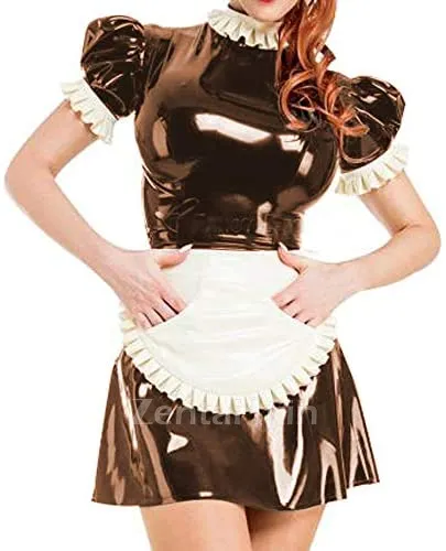 Second Skin Puff Short Sleeve Maid Uniform Lady Wetlook PVC Maid Mini Dress