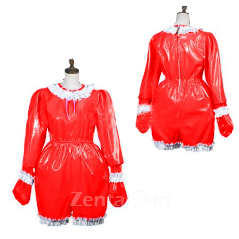 Second Skin Fetish Cross-dresser Bodysuit Adult Baby Wetlook Leotard PVC Long Sleeve Ruffle Jumpsuit O Neck Gay Back Zipper Pleated Pajamas Cosplay Uniform Maid Jumpsuit