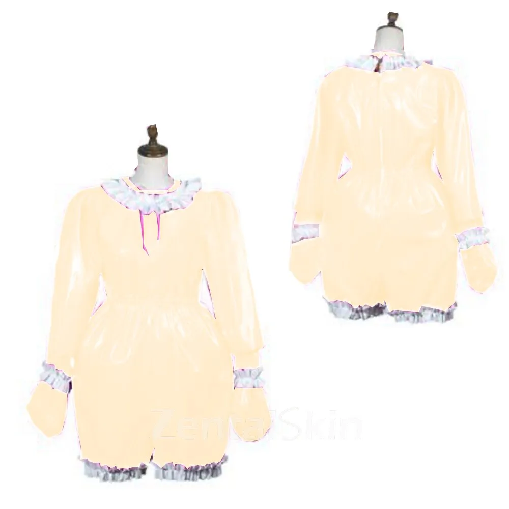 Second Skin Fetish Cross-dresser Bodysuit Adult Baby Wetlook Leotard PVC Long Sleeve Ruffle Jumpsuit O Neck Gay Back Zipper Pleated Pajamas Cosplay Uniform Maid Jumpsuit