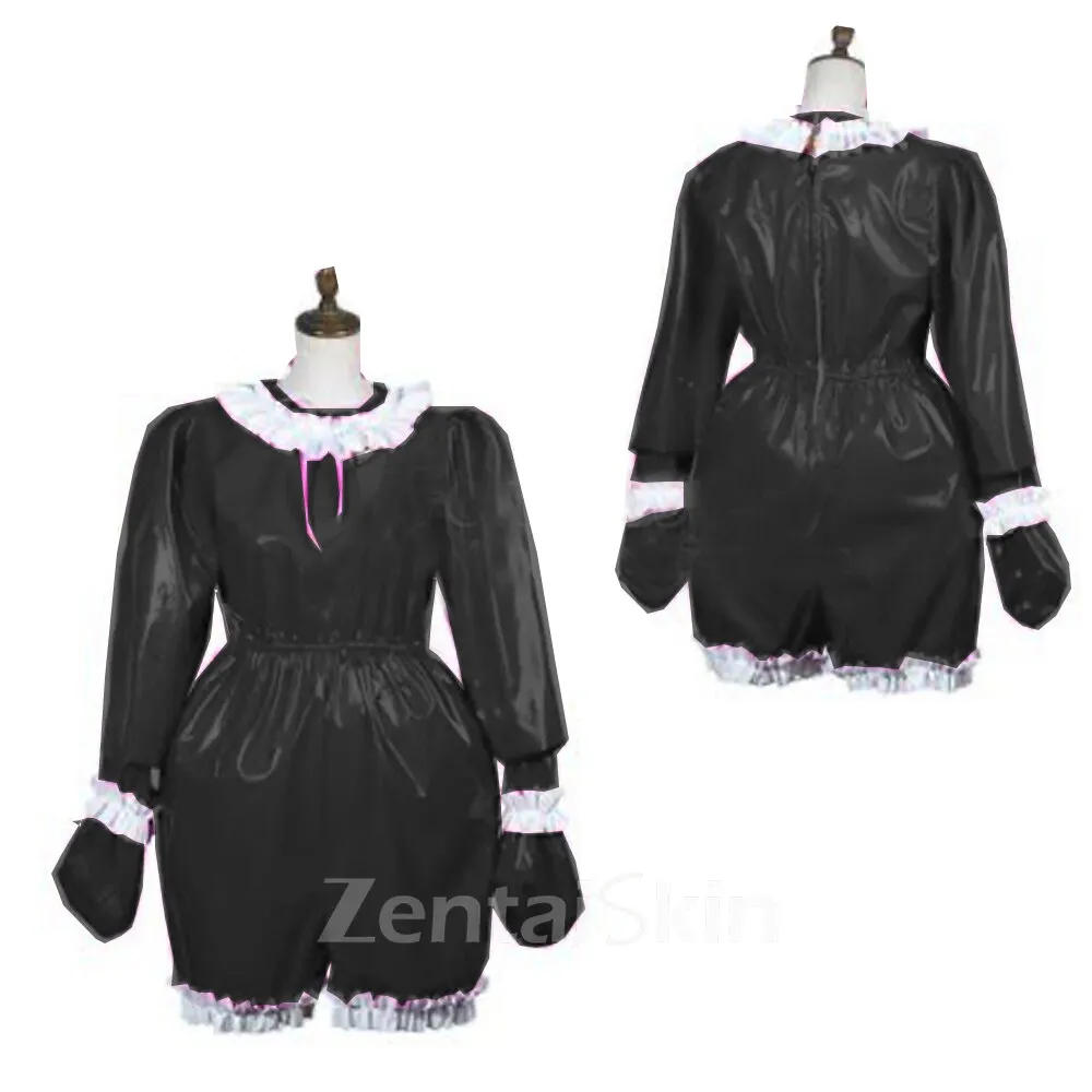 Second Skin Fetish Cross-dresser Bodysuit Adult Baby Wetlook Leotard PVC Long Sleeve Ruffle Jumpsuit O Neck Gay Back Zipper Pleated Pajamas Cosplay Uniform Maid Jumpsuit