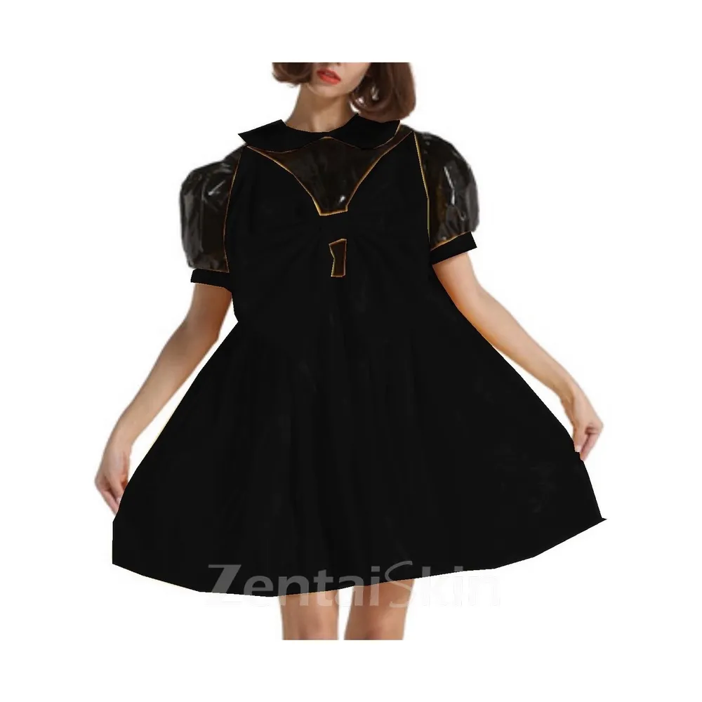 Second Skin Wetlook PVC Big Bow Puff Sleeve Dress Adult Fetish Cross-dresser Dress Lolita Dress Gothic Party Halloween Costume