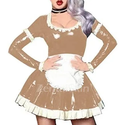 Second Skin Low Cut Maid Apron Dress Ladies Servant Wetlook PVC Dress