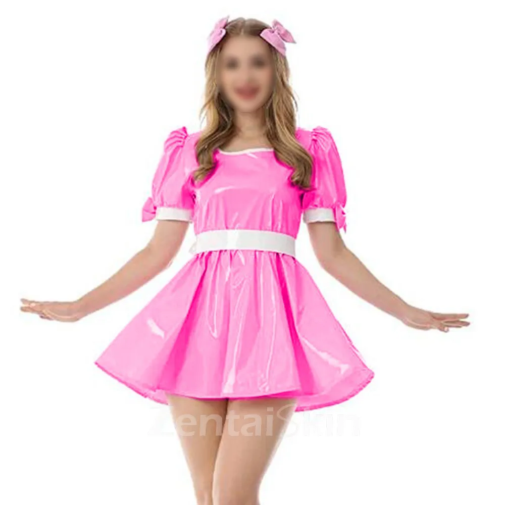 Second Skin Fetish Cross-dresser Dress Sweet Wetlook PVC Mini Dress Vinyl Short Sleevetank Neck Dress with Bow Lolita Halloween Costume