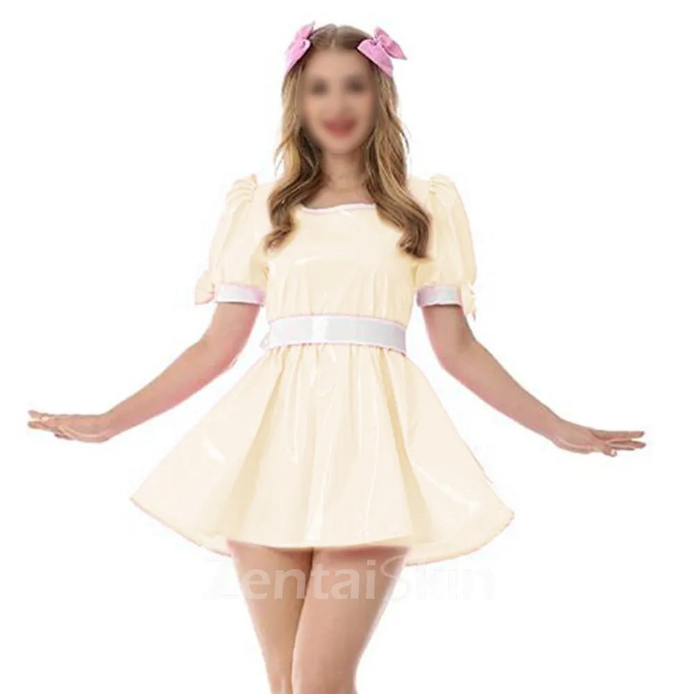 Second Skin Fetish Cross-dresser Dress Sweet Wetlook PVC Mini Dress Vinyl Short Sleevetank Neck Dress with Bow Lolita Halloween Costume