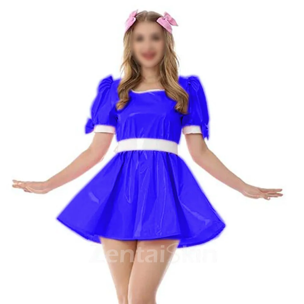 Second Skin Fetish Cross-dresser Dress Sweet Wetlook PVC Mini Dress Vinyl Short Sleevetank Neck Dress with Bow Lolita Halloween Costume