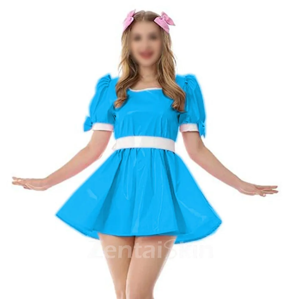 Second Skin Fetish Cross-dresser Dress Sweet Wetlook PVC Mini Dress Vinyl Short Sleevetank Neck Dress with Bow Lolita Halloween Costume