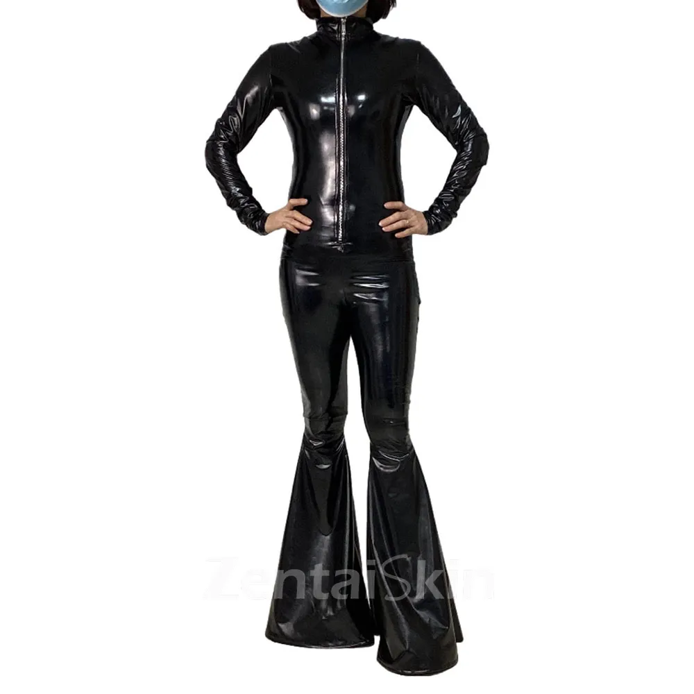 Vintage Glossy Pvcflared Long Catsuitsuit Disco Dance Body Wear Catsuit Zipper Bell Bottoms Bodycon Jumpsuit Romper Zentai Second-skin Costume