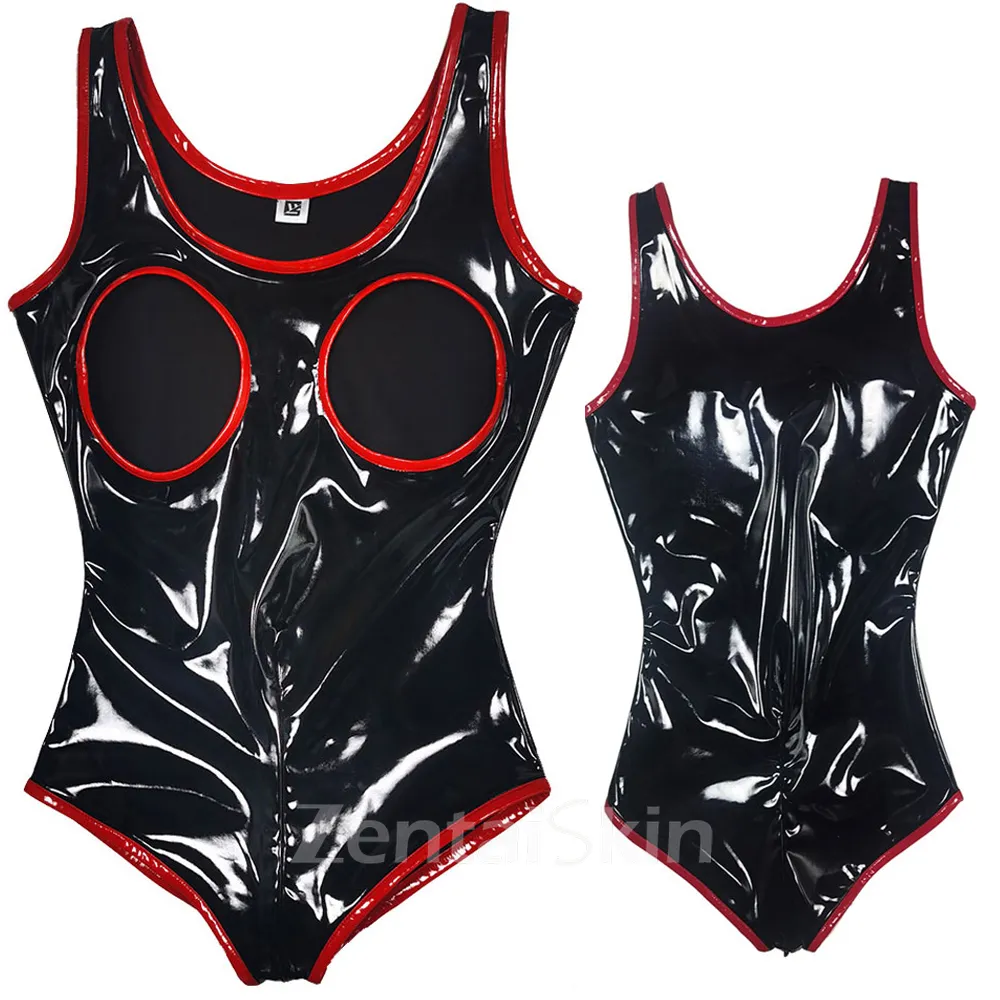 High Cut Jumpsuit Gothic Women Skinsuit Wetlook Unitard PVC Glossywetlook Catsuit Catsuitsuit Stripper Dancerompers Zentai Second-skin Costume