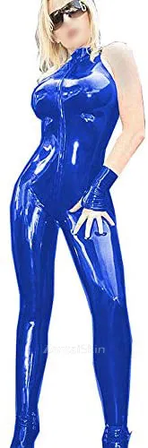 Sleeveless Zip Skinsuit Wetlook Unitard PVC Catsuit Women High Collar Catwoman Slim Jumpsuit Zentai Second-skin Costume