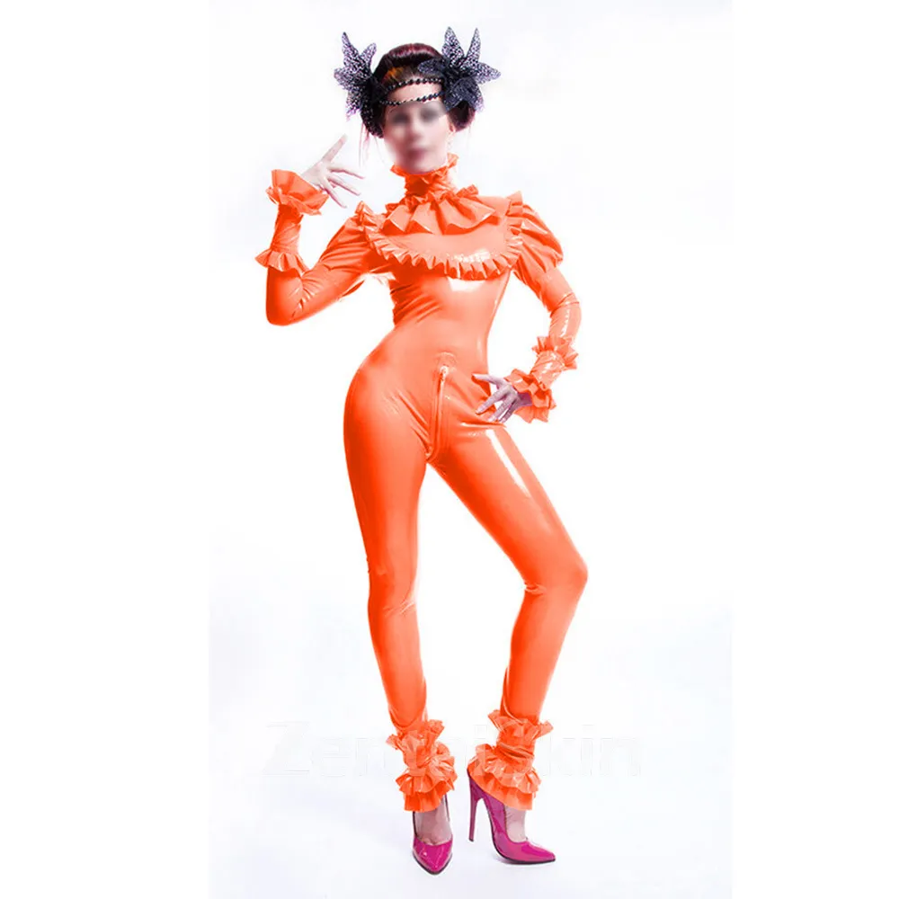 Wet Look Skinsuit Shiny Wetlook Unitard PVC Catsuits Solid Color with Frills Catsuitturtle Neck Catsuitsuit Puffed Sleeves Party Rompers Cosplay Zentai Second-skin Costume
