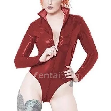 High Cut Bodysuit Women Wetlook PVC Long Sleeve Bodysuits Open Crotch Leotard Second Skin Costume