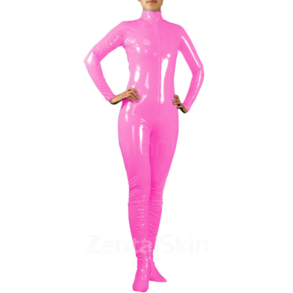 Women Long Sleeve Bodycon Pvccatsuit Footed Slim Catsuitsuit Skinsuit Wetlook Unitard PVC Catsuitsuit Stretch Jumpsuits Zentai Second-skin Costume