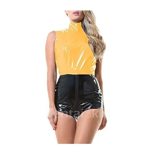 Plus Size Ladies Skinsuit Wetlook Unitard PVC Sleeveless Playsuit Patchwork Catsuitsuit Open Crotch Leotard Zentai Second-skin Costume
