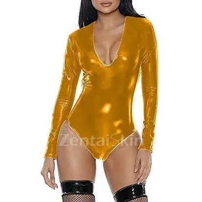 Plus Size V-neck High Cut Bodysuit Long Sleeve Bodysuits Zip Leotard Second Skin Costume