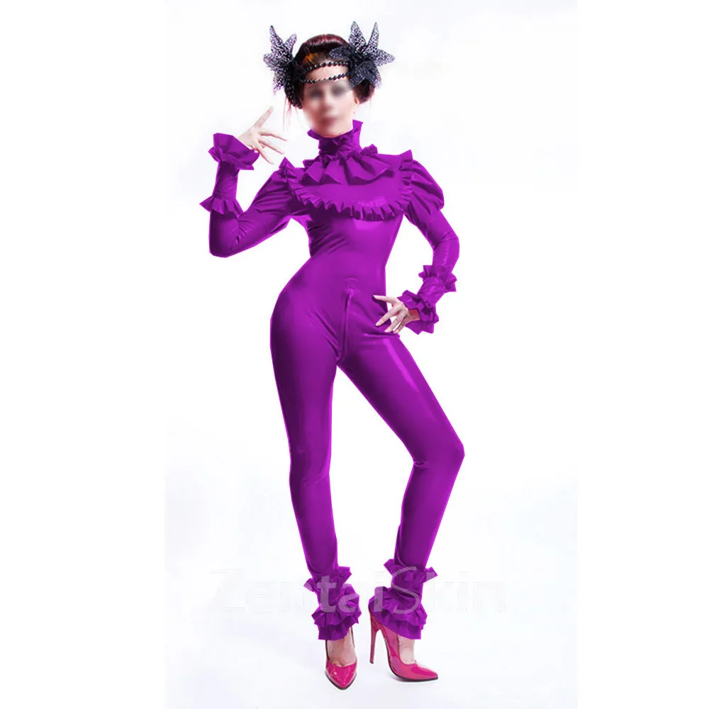 Wet Look Skinsuit Shiny Wetlook Unitard PVC Catsuits Solid Color with Frills Catsuitturtle Neck Catsuitsuit Puffed Sleeves Party Rompers Cosplay Zentai Second-skin Costume