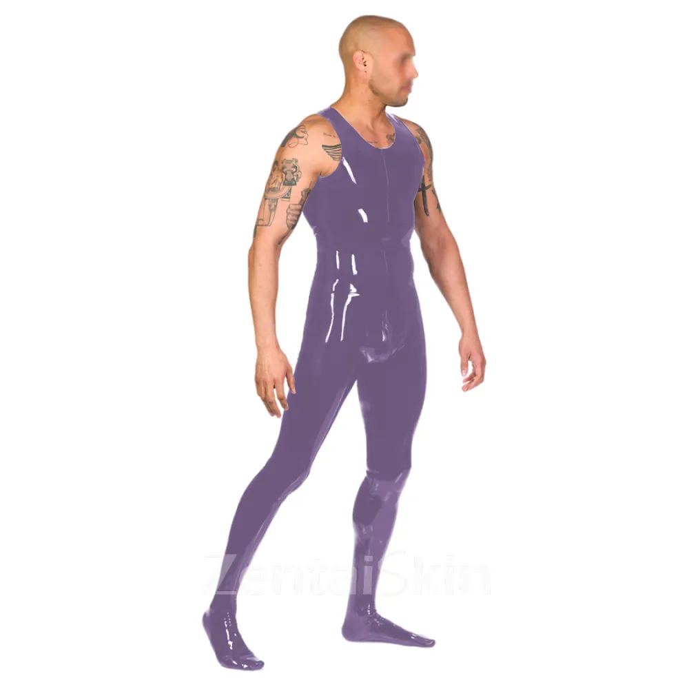 Glossy Pvccatsuit Mens Tank Catsuitsuit with Zip Back Through Crotch Catsuit Attached Socks Fetish Zentai Second-skin Costume