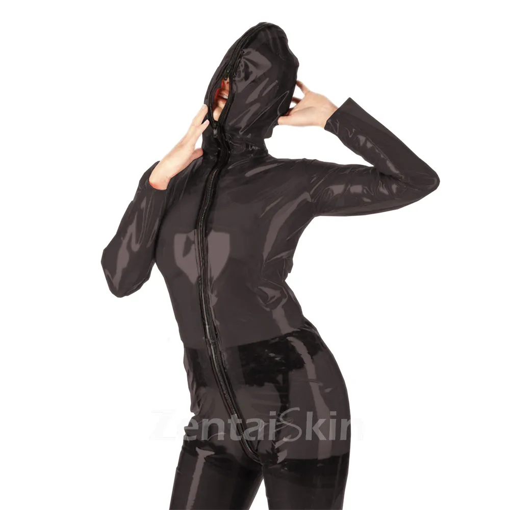Sheer Hooded Catsuit Skinsuit Wetlook Unitard PVC Plastic Front Zipper Open Crotch Jumpsuits Long Sleeve See Through Catsuitsuit Clearcostumes Zentai Second-skin Costume