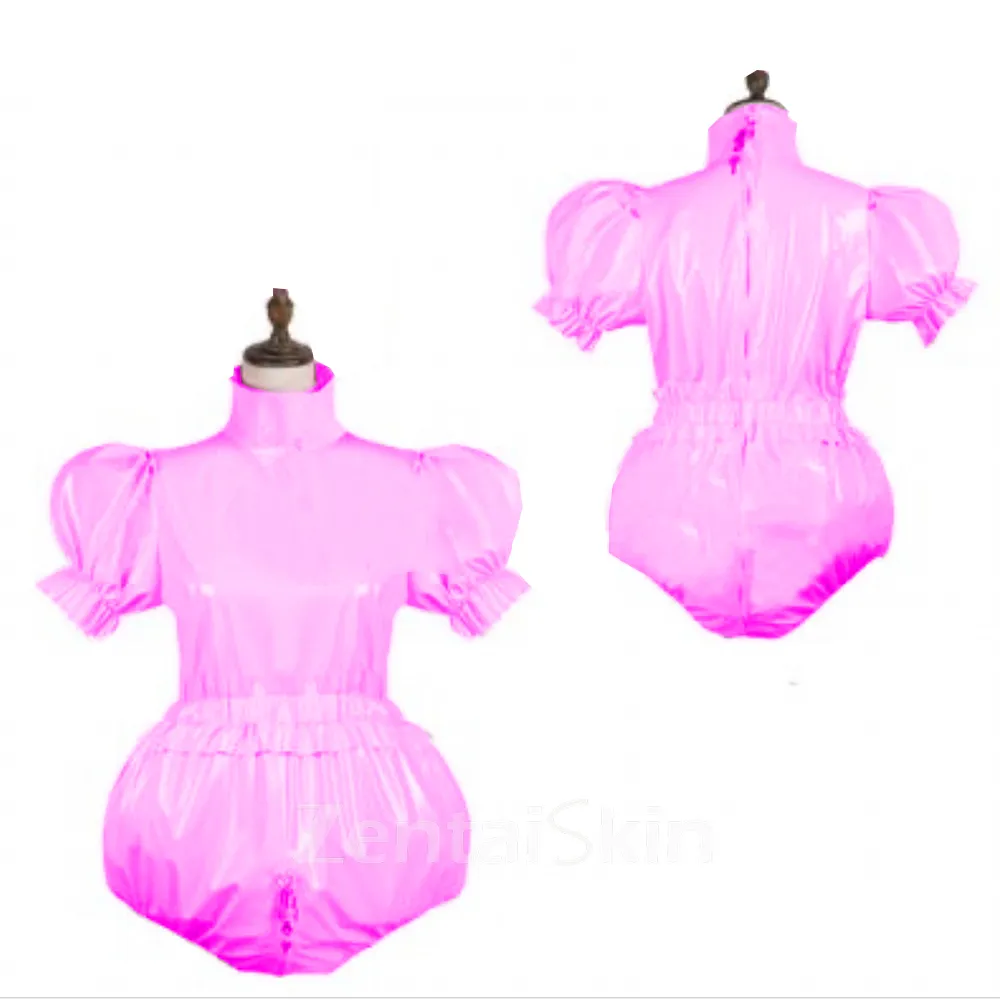 Fetish Cross-dresser Catsuitsuit Wet Look Skinsuit Shiny Wetlook Unitard PVC Plus Size Lolita Puff Short Sleeve Maid Cosplay Costume Clothes Lockable Wetlook Unitard PVC Gay Gothic Jumpsit Zentai Second-skin Costume