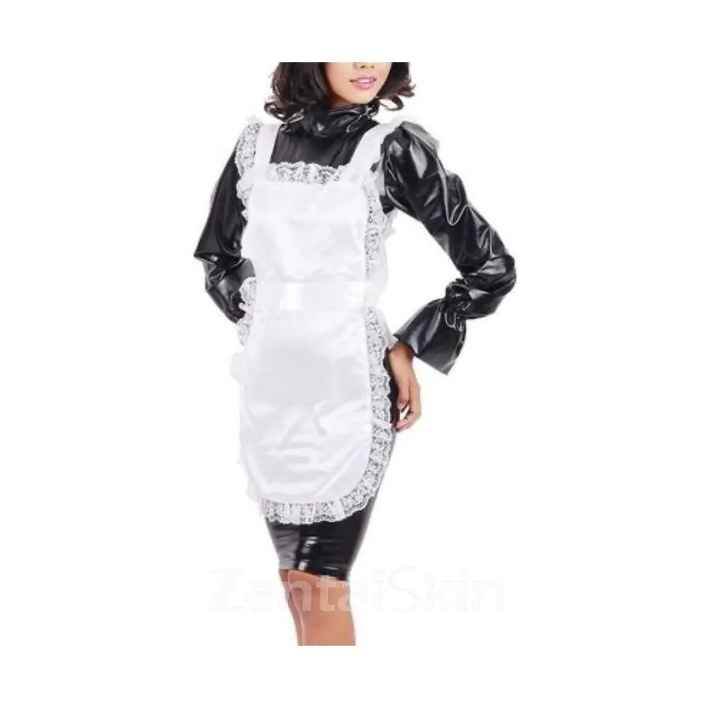 Second Skin Flare Long Sleeve Maid Dress High Neck Bodycon Midi Dress Wet Look Lolita Wetlook PVC Costume Women Uniform with Apron