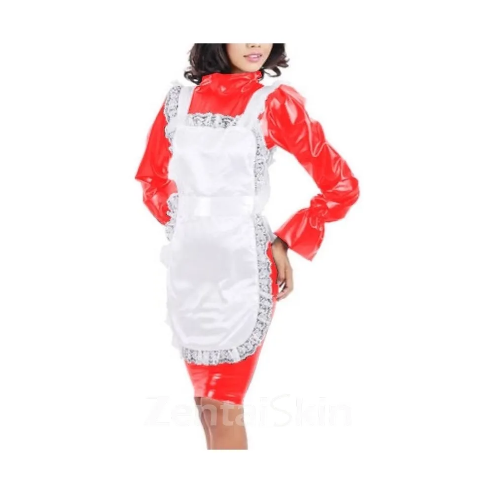 Second Skin Flare Long Sleeve Maid Dress High Neck Bodycon Midi Dress Wet Look Lolita Wetlook PVC Costume Women Uniform with Apron
