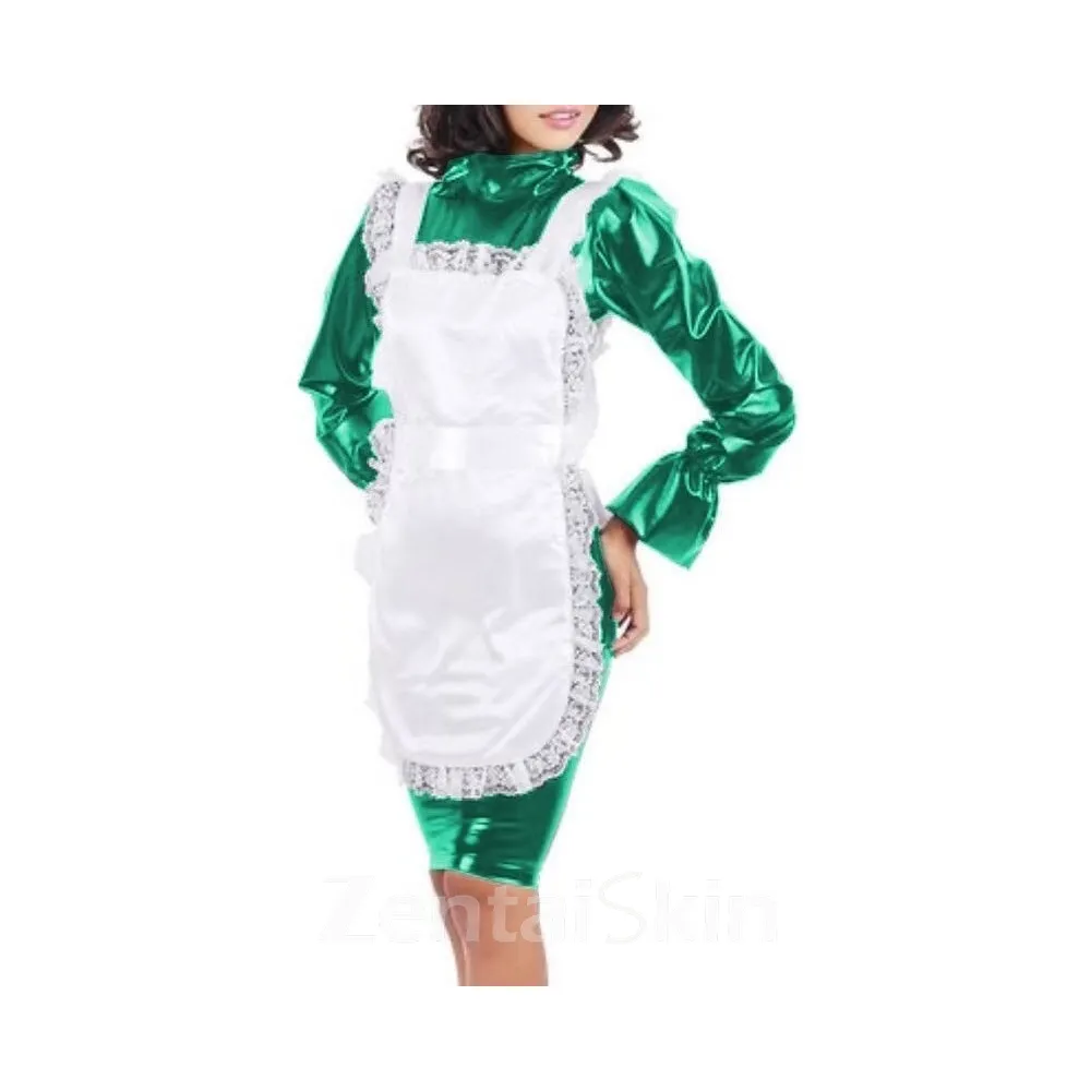 Second Skin Flare Long Sleeve Maid Dress High Neck Bodycon Midi Dress Wet Look Lolita Wetlook PVC Costume Women Uniform with Apron