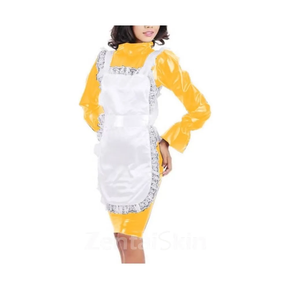 Second Skin Flare Long Sleeve Maid Dress High Neck Bodycon Midi Dress Wet Look Lolita Wetlook PVC Costume Women Uniform with Apron