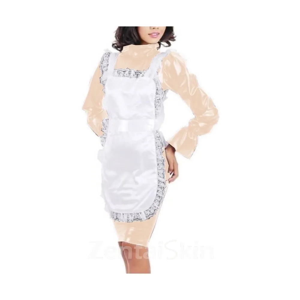 Second Skin Flare Long Sleeve Maid Dress High Neck Bodycon Midi Dress Wet Look Lolita Wetlook PVC Costume Women Uniform with Apron