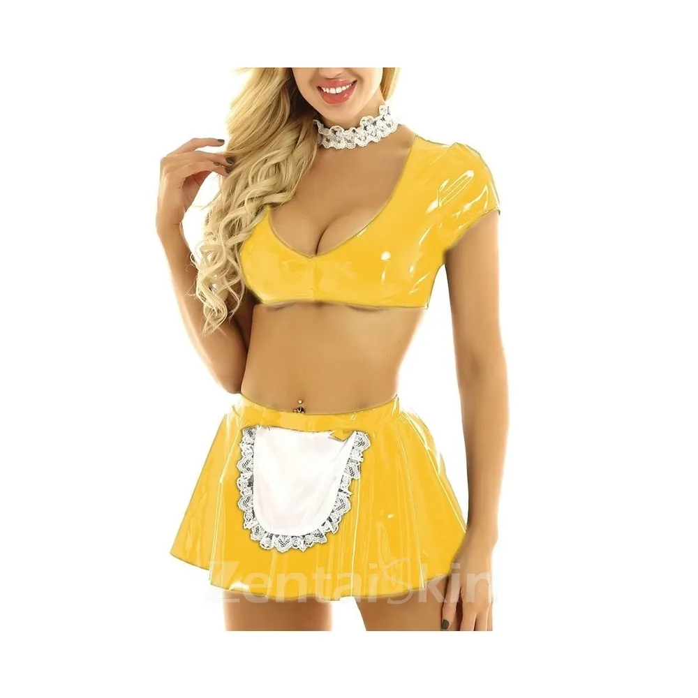 Second Skin Wetlook Party French Maid Dress Cosplay Costumes Crop Top with Wetlook PVC Mini Skirt