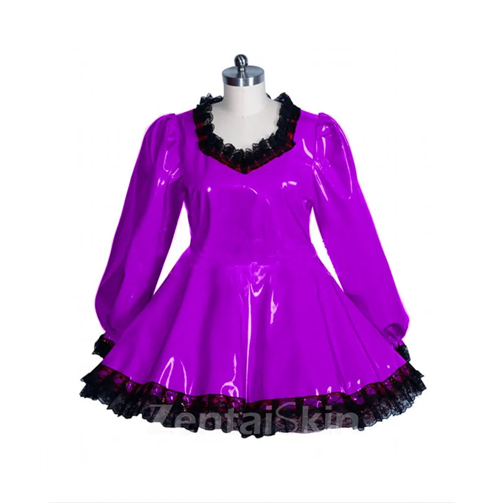 Second Skin Cute Women\'s Lolita Wetlook PVC Dress Sweet Black Lace Vinyl Dress Lockable Maid Uniform Gothic Long Sleeve Fetish Cross-dresser Dress