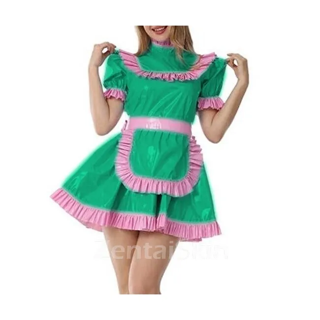 Second Skin Cute Women\'s Lolita Wetlook PVC Dress Sweet Black Lace Vinyl Dress Maid Uniform Gothic Long Sleeve Fetish Cross-dresser Dress
